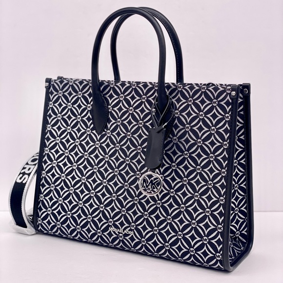 Michael Kors Mirella Medium Metallic Logo Jacquard Tote Bag - Picture 1 of 11